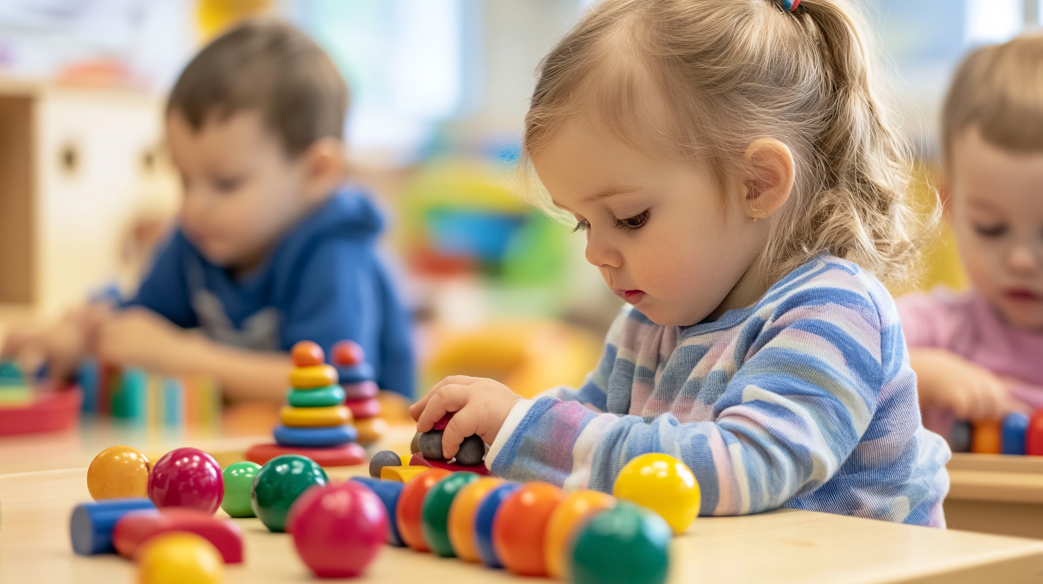 Young children enjoying colourful wooden toys at preschool